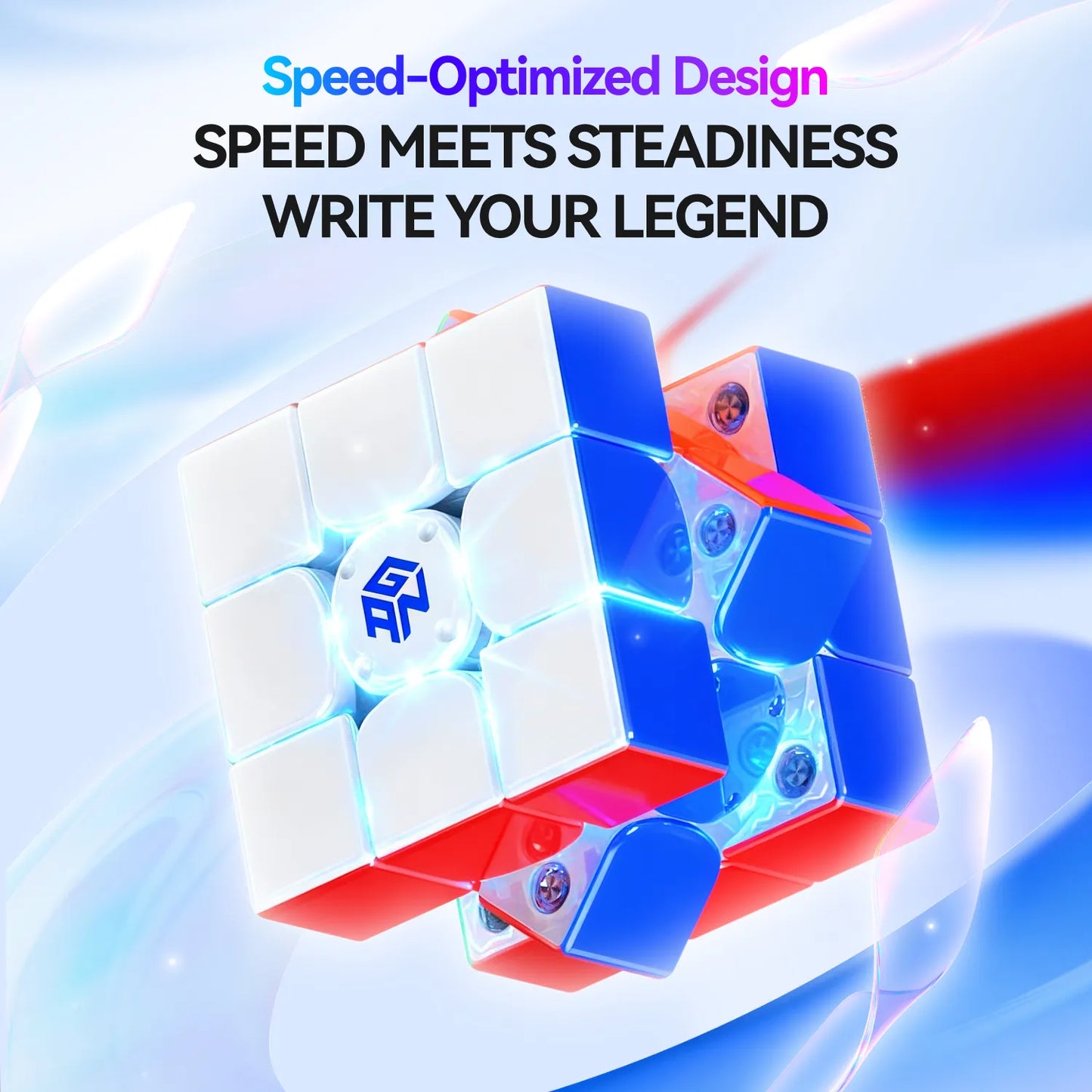 Speed cube with colorful design on a blue and white background