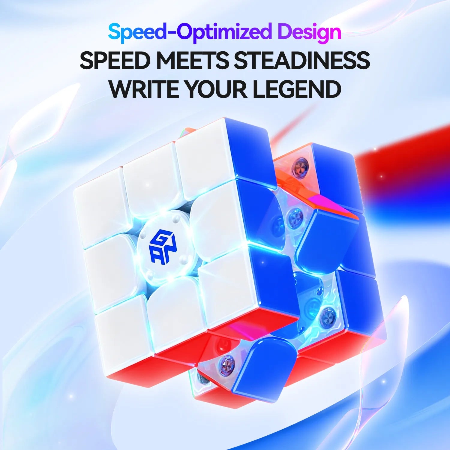 Speed cube with colorful design on a blue and white background