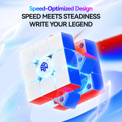 Speed cube with colorful design on a blue and white background