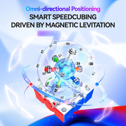Smart speedcubing device with magnetic levitation on a blue and white background