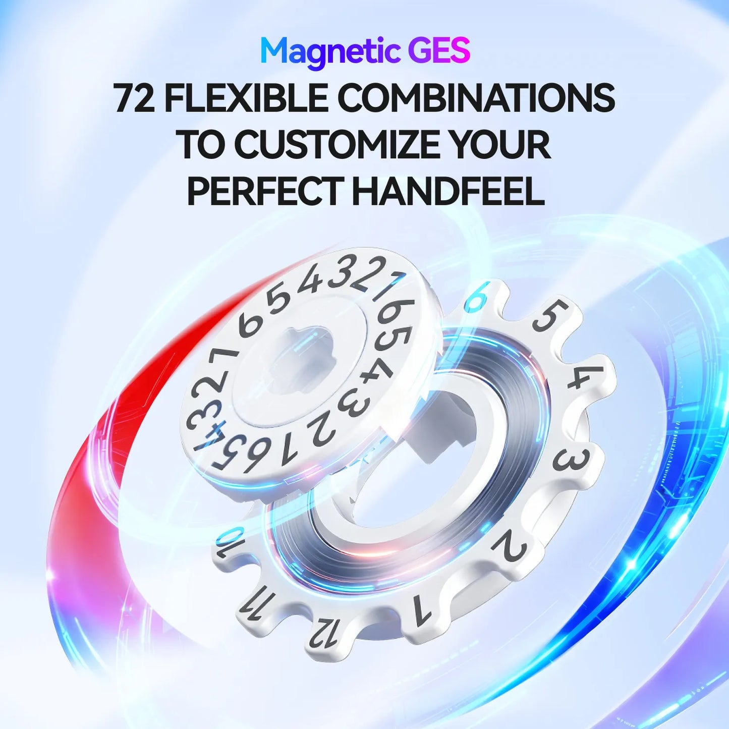Magnetic GES gear system with text on a light blue background