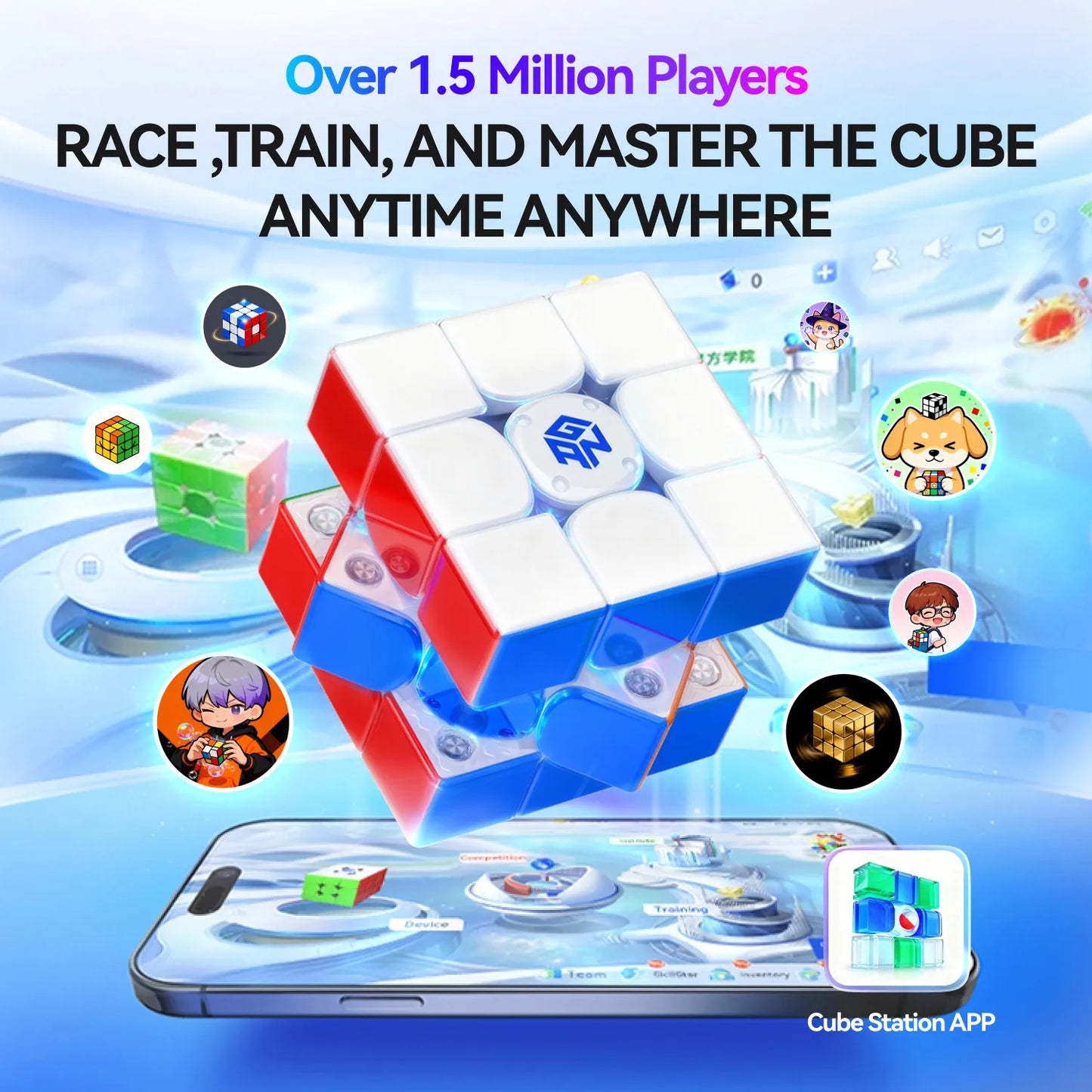 Promotional image of a Rubik's Cube and smartphone with game app interface, featuring text about player count and game features.