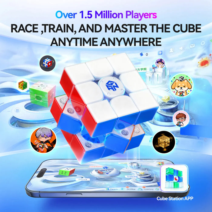 Promotional image of a Rubik's Cube and smartphone with game app interface, featuring text about player count and game features.