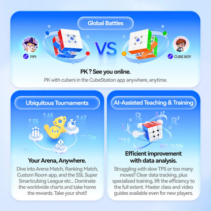 Promotional graphic for a Rubik's Cube-related app with character illustrations and text on a blue background.