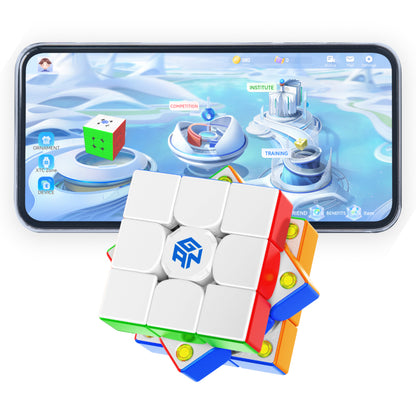 Smartphone displaying a cube-solving app interface with a GAN 3x3 white speed cube in front