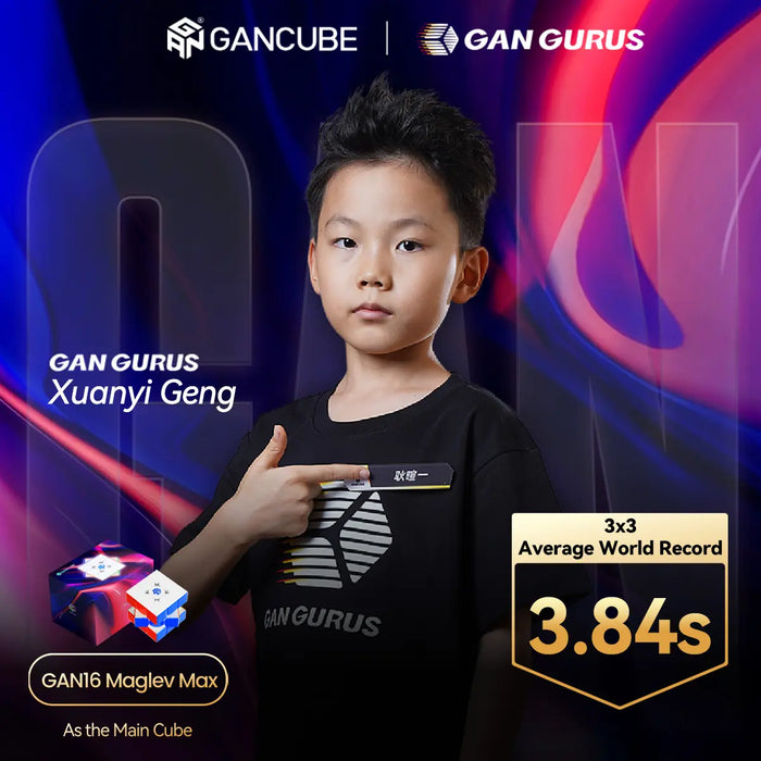 XuanYi Geng with text showing a 3x3 average world record of 3.84 seconds, using GAN16 Maglev Max as the main cube